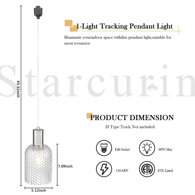 Starcurin H-Type Track Pendant Lights with Hammered Glass Shade, Modern