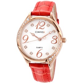 COMTEX Ladies Watches Rose Gold Tone Red Leather Strap Large Dial Face Fashion Watch for Women