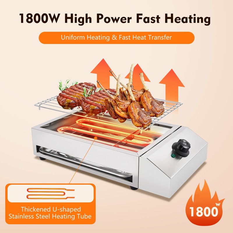 OCASAMI Commercial Electric Grill Griddle, 1800W 110V Stainless Steel Countertop
