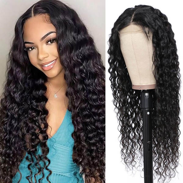 LYBYL Real Hair Wig, Human Hair Wig, Water Wave Peruvian Wig, Lace Closure Wig, 4 x 4 Transparent Lace Front Wig for Black Women, Glueless Wig with Baby Hair, Natural Colour, 28 Inches (71.12 cm)