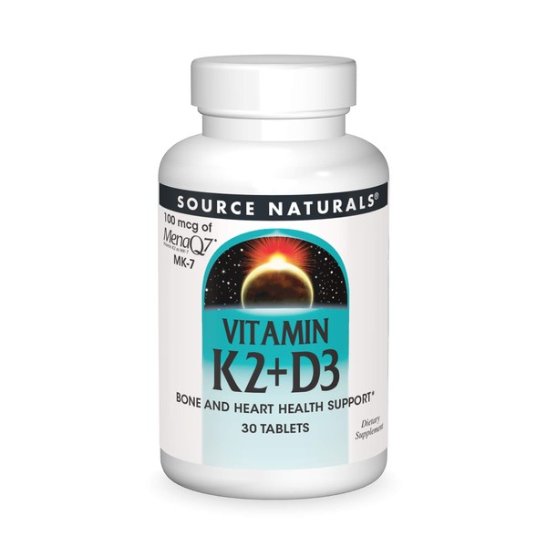 Source Naturals Vitamin K2 + D3 Bone & Heart Health Complex - 400 IU Vitamin D3 & 100 mcg Vitamin K2 (MK-7) with Calcium - 30 Tablets