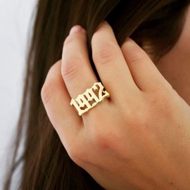 Glimmerst Birthday Year Ring,18K Gold Plated Stainelss Steel Birth Year Number Rings Memorable Adjustable Open Ring for Women