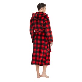 Vulcanodon Men's Fluffy Bathrobe with Hood, Fleece Bathrobe Plush Bathrobe for Men Dressing Gown House Coat, red