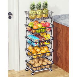 OKZEST 5 Tier Fruit Basket for Kitchen, Stackable Bins Wire Rack with Wheels, Fruit and Vegetable Storage Basket Pantry Food Snack Organizer Shelf, Kitchen Storage Cart for Onion and Potato, Produce