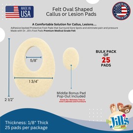 Dr. Jill's Foot Pads, Latex Free, YJ9-7066, Oval Callus Pad 1/8" Felt (25 Pack) Lesion Pad