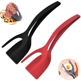 Egg flipper spatula tongs Set of 2 PCS - 2 in 1 Grip and Flip Spatula Tong, Non-Stick Multi-purpose Kitchen Gadgets for Quesadillas, Pancake, Sandwiches, Steak Home Kitchen Cooking Tool(Black,Red)