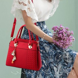 SMALLBLUER Women Soft Synthetic PU Leather Large capacity Tote Hobo Shoulder Crossbody Handbags with Tassels-Red