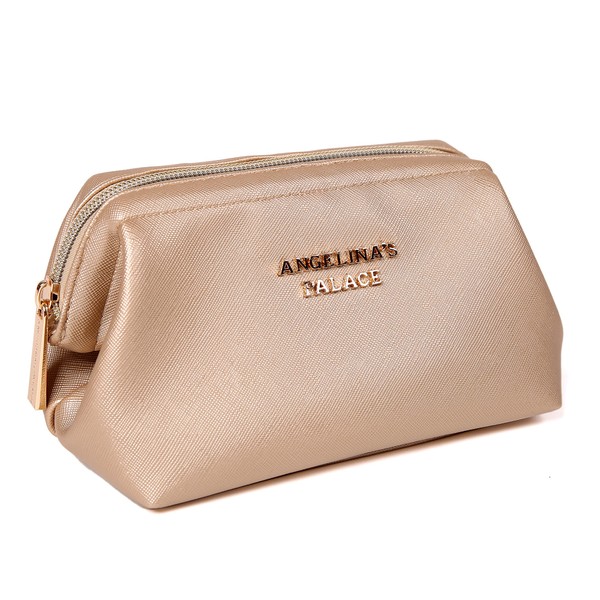 Angelina's Palace Vegan Leather Waterproof Travel Cosmetic Bag Toiletry Organizer Makeup Pouches(champagne)