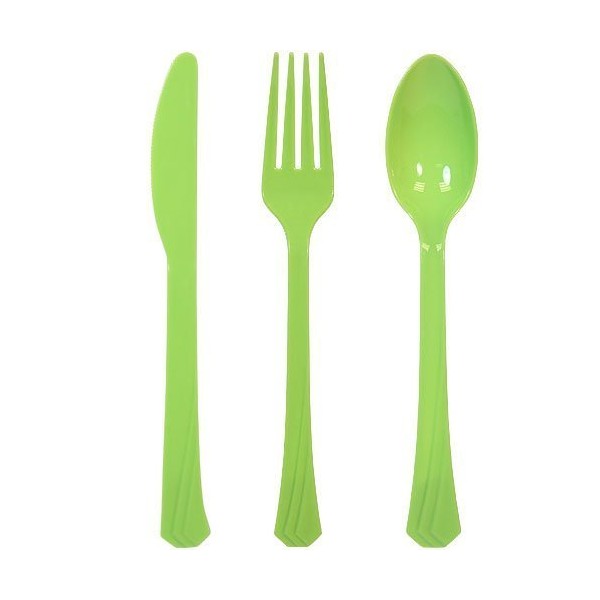 Tiger Chef Plastic Cutlery Set Heavy Duty Colored Plastic Silverware - Includes 96 Forks, 96 Teaspoons, and 96 Knives (Lime Green, 288)