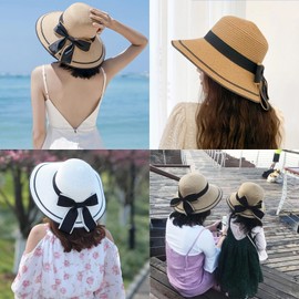 Bamery Summer Floppy Straw Hats Bowknot Wide Brim Sun Hat for Women Beach Hat UPF Visors Cap (A-Pink)