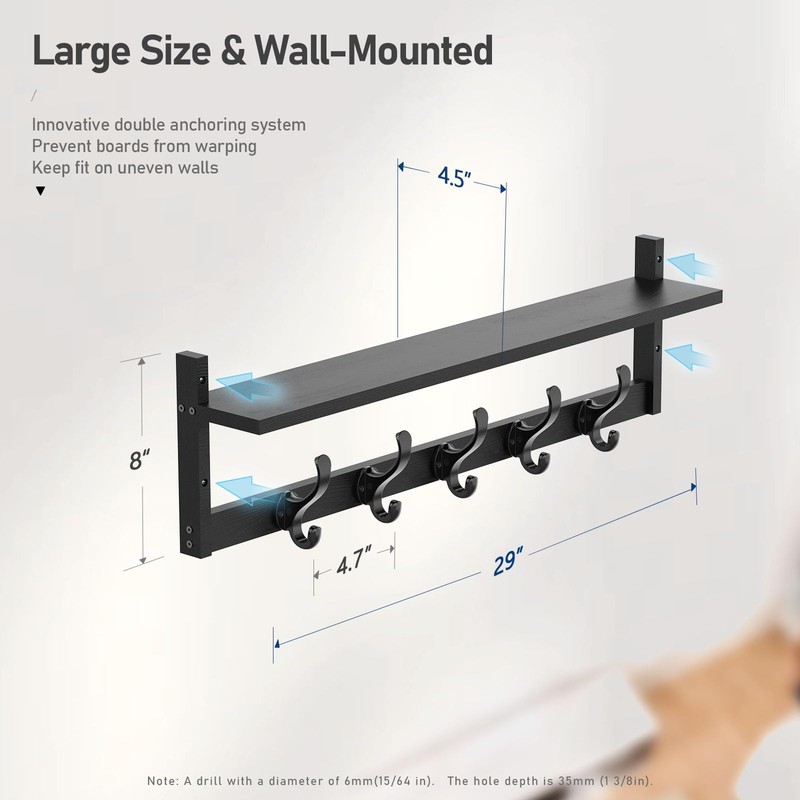 Tatub 29'' Coat Rack Wall Mount with Shelf, Wood Wall
