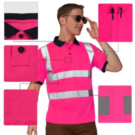 A-SAFETY Pink High Visibility Safety Polo Shirt Women Reflective Construction Work Shirts Neon Polo Shirt