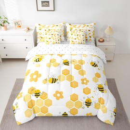 Feelyou Honeycomb Comforter Set with Sheets Cute Bees 7 Piece Bedding Set Full Size for Kids Boys Girls Nature Spring Garden Bee Bed in a Bag