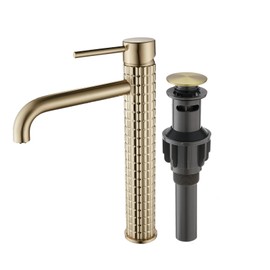 Tall Vessel Sink Faucet Bathroom Faucet Brushed Gold Single Handle Single Hole Faucet Brass Faucet Bathroom Sink Faucet with Water Supply Hoses