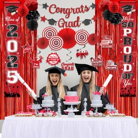 Black and Red Graduation Decorations, 26Pcs Graduation Decorations Class of 2025 Red Banner, Congrats Grad Banner 2025 Hanging Swirls Foil Curtains Paper Flower Balls Paper Fans