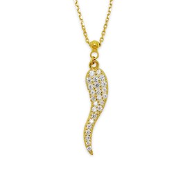 Gold Plated Italian Horn Charm - 925 Sterling Silver - Cubic Zirconia Stones - Cornicello Charm Pendant - Adjustable Necklace Included (Gold)