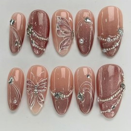 30 Pcs Cat Eye Press on Nails Medium Almond WLGDLH Gradient Fake Nails with Glitter Butterfly Pearl Lines Designs Handmade Rhinestone False Nails Cute Glue on Nails Full Cover Acrylic Nails for Women