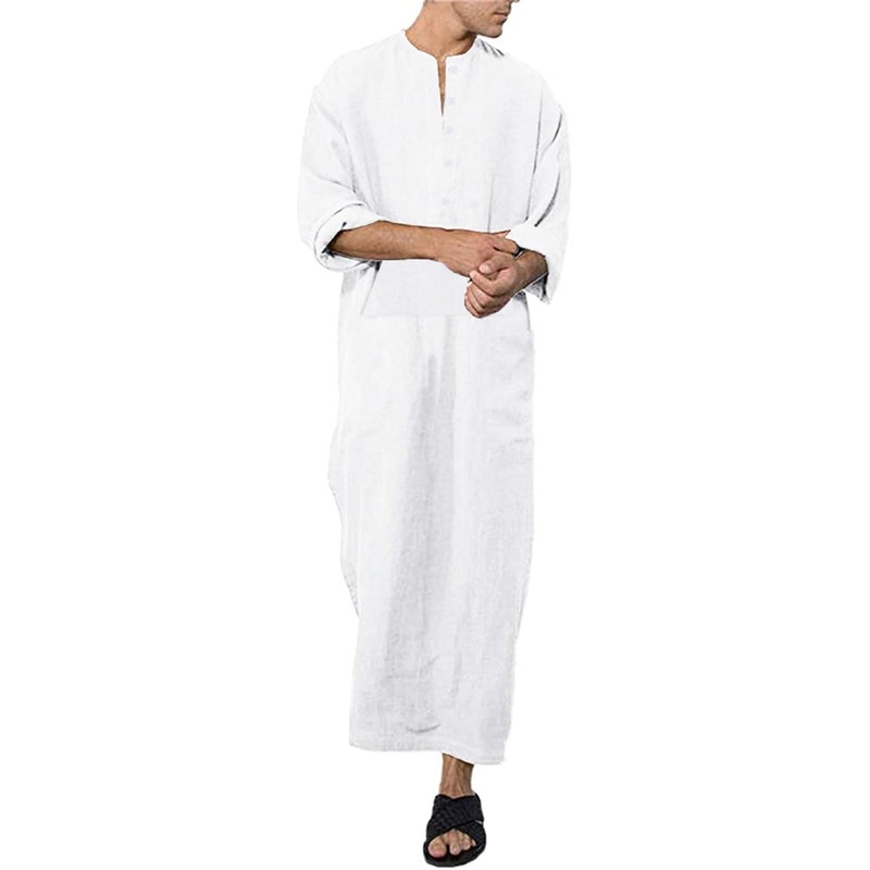 Jacansi Men's Kaftan Robe Casual Cotton Linen Button Down Long
