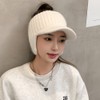 YUSSTAR Open Beanie with Earflaps Visor Brim Bun Ponytail Winter