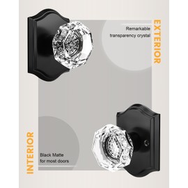 Gobrico 2 Pack Crystal Door Knobs Interior Glass Door Knob Lock with Black Rosette,Passage Function for Hallway Closet Pantry,Octagon Shape Diamond Knobsets