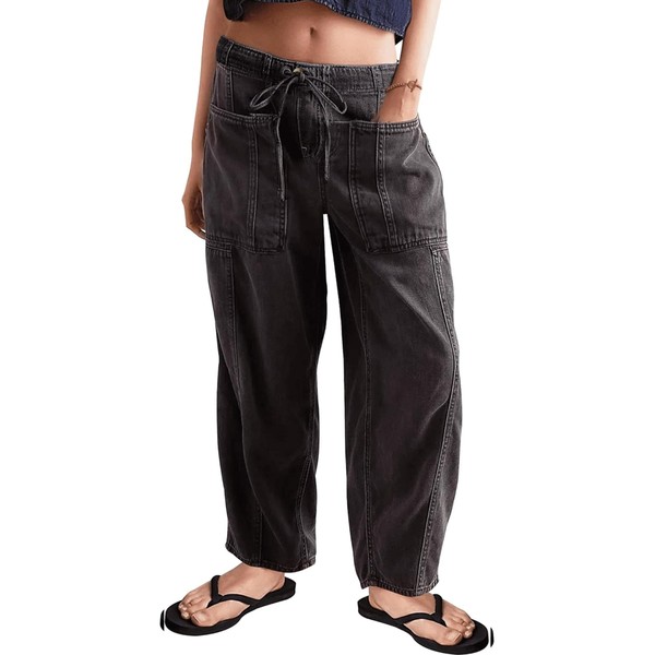 Barrel Jeans for Women Stretch Elastic Waist Pull-on Wide Leg