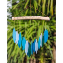 Blue Glass Wind Chime Recycled Glass and Bamboo Driftwood Garden Chime Hanging Outdoors Indoors Multicoloured Fairtrade Eco Friendly Handmade Fairtrade