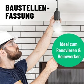 greate. greate 6x Baufassung E27 schwarz mit Schnellverbinder - Lampenfassung E27 inkl. Zugentlastung - Renovierfassung E27 max. 60W 250V - Baustellenfassung E27, Baufassung LED, Bau Lampenfassung, Baulampen