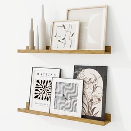 RICHFOCUS Picture Ledge Shelf, 24 inch Floating Shelves Set of 2, Wood Wall Shelves with Lip, Wall Decor Storage for Bedroom Living Room Bathroom Kitchen Nursery Photo Picture, Oak