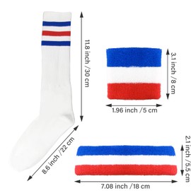 10 Pieces Striped Sweatbands and Socks Set Sweatbands Set 80s 90s Sweatbands Wrist Sweat Bands for Men and Women Sports Headbands (Blue, Red and White)