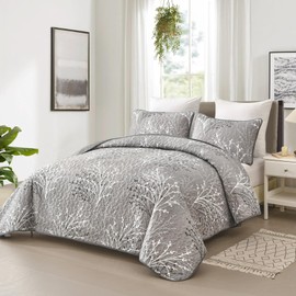 DJY Grey Quilt Set King Size - Branch Botanical Pattern Bedspread Coverlet Set, 3 Pieces Gray Floral Quilt Bedding Set, Soft Lightweight Microfiber Reversible Bed Cover for All Season, 104''x90''