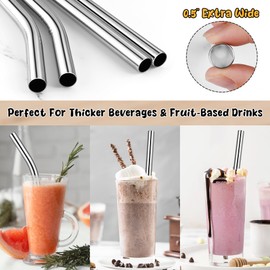 NiHome 4-Pack Stainless Steel Smoothie/Milkshake Straws, 0.5'' Extra Wide Reusable Metal Straw, Straight & Bent Drinking Straws for Boba, Thick Beverages, Cold Drinks, 1 Brush (Silver)