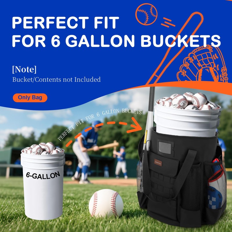 Baseball Bucket Backpack for 6 Gallon Bucket, Durable Softball Coaches
