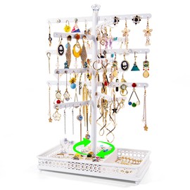Rotating Earring Organizer Display Stands, Jewelry Organizer Display for Earring, Necklaces, Rings, Bracelets, Large Capacity Earring Storage Display for Store, Showcase, Tradeshow and Home (White)