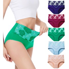 HAVVIS Women's Briefs Underwear Cotton High Waist Tummy Control Panties Rose Jacquard Ladies Panty Multipack (Brief 02-5 Pack - Assorted Colors 02, 4X-Large)