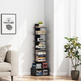 TUTOTAK Narrow Bookshelf, Vertical 8-Tier Bookcase, Spine Book Shelf for Small Space, Small Standing Shelf for Living Room, Office, Study, Entryway, Black BS07BK008