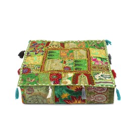 CRAFT KALA Indian Square Patchwork Traditional Pouf Cover Indian Living Room Poufs Decorative Embroidered Designer Ottoman Home Living Footstool Chair Cover Decor Pillow Cover 18x18x5 inches, Green