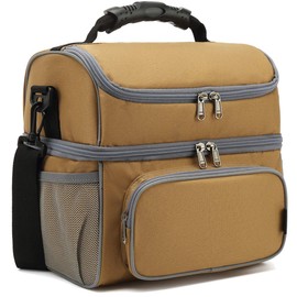 FlowFly Double Layer Cooler Insulated Lunch Bag Adult Lunch Box Large Tote Bag for Men, Women, With Adjustable Strap,Front Pocket and Dual Large Mesh Side Pockets,Brown