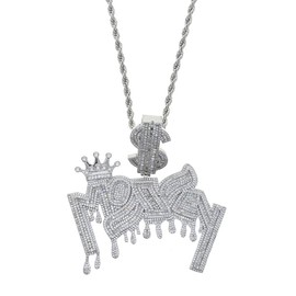ATJMLADYJEWELRY Iced Out Bling 5A CZ Hip Hop Men Jewelry Silver Gold Color Dollar Bail Letter Money Pendant Necklace (silver) (R362)