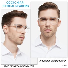 OCCI CHIARI Bifocal Reading Glasses for Men 3.5 Oversized Square Blue Light Blocking Readers 1.0 1.25 1.5 1.75 2.0 2.25 2.5 2.75 3.0 3.5(Clear,3.5)