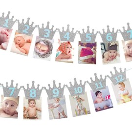 Kingsie Garland Birthday Banner Crown Glitter Photo Clip 1st December Birthday Decor Wall Decor Party Decoration (Silver & Blue)