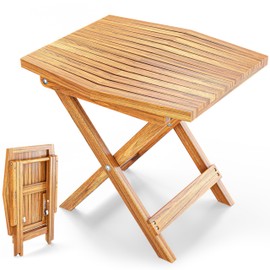 Melino Wooden Folding Outdoor Side Table 18x16x16 in, FSC Certified Acacia Wood Weatherproof Small Table for Patio, Porch, Pool, Backyard, Garden, Balcony & Deck - Natural