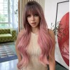 Peluca Larga Ondulada Cosplay Para Mujer Con Flequillo Rosa