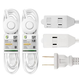 EP 2 Pack 15 ft Extension Cord with Foot Switch, ON/Off Switch Power Cord, 2-Prong 3 Electrical Power Outlets, 16/2C, White
