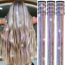 Nineibei Hair Tinsel Clip in Pack of 12 Pcs Glitter Tinsel Hair Extensions 24 Inch Clip in Hair Tinsel Sparkly Fairy Hair Accessories for Girls Women Festival Party (Colorful 12Pcs)