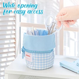 Qomamount Standing Pencil Case for Girls,Big Capacity Cute Pen Holder Portable Pencil Pouch Aesthetic Pencil Holder Bag Makeup Cosmetics Bag for School Students Kids Teens Girls Boys Office(Blue)