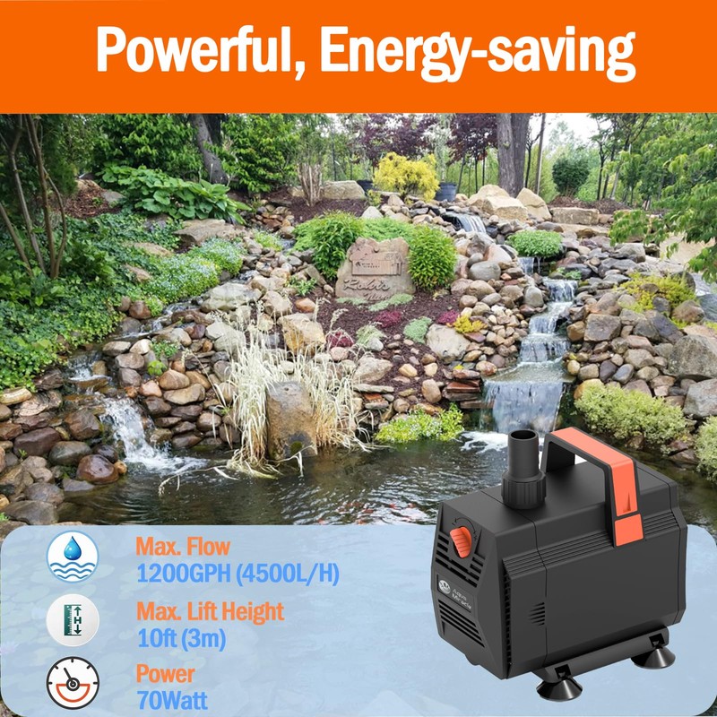 AquaMiracle 1200GPH Aquarium Water Pumps (4500L/H, 70W) Fountain Pump Pond