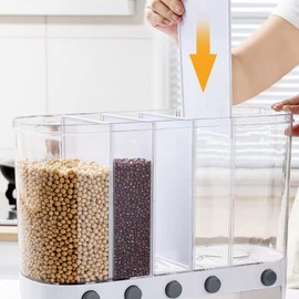 Xilei Dry Food Dispenser,Wall mounted 5 Grid Cereal Dispenser,Rice dispenser 25 pounds Kitchen Storage with Measuring Cup