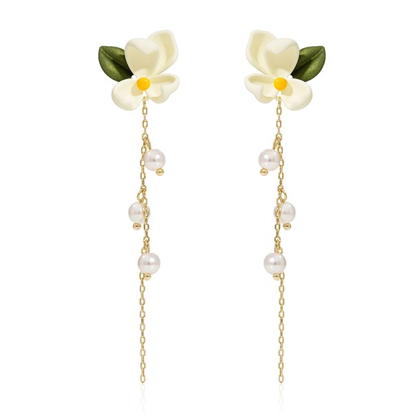 Peasimy White Gardenia Flower Leaf Stud Earrings for Women Cute