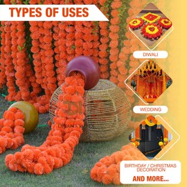 DIYANA IMPEX Marigold Garland for Decoration 5 Pcs of 5 feet Long Strands Artificial Marigold Flowers, Indian Décor for Pooja, Wedding Christmas, Events Backdrop Decorations