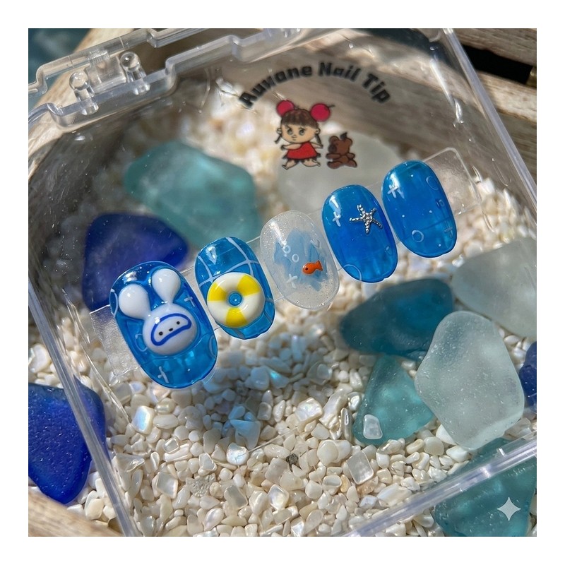 Snorkeling Bunny[Handmade Nail Tips] - Short Oval / 스노클링 버니[수제네일팁]
